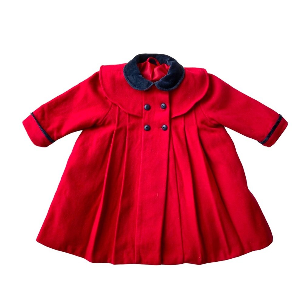 VINTAGE WOOL Jacket Pea Coat Red Black Velour Pleated Cottagecore Holiday